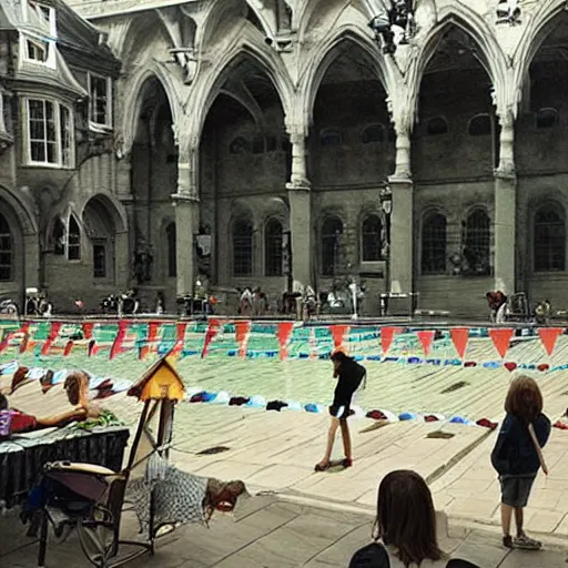 Prompt: Scene from Harry Potter and the Sorcerers Stone being filmed at the local swimming pool, photo