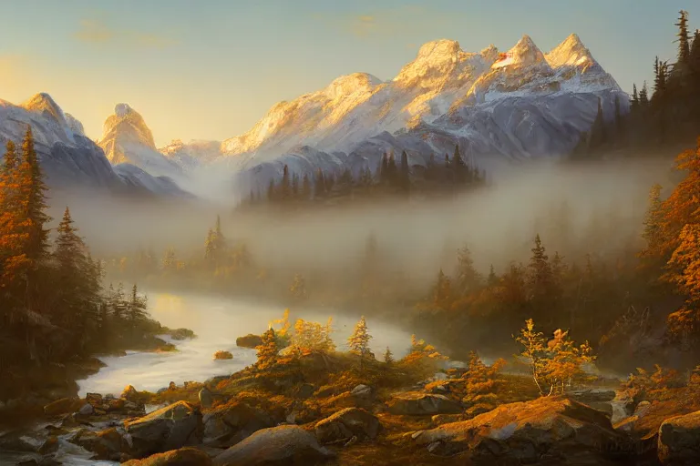 Prompt: an epic landscape painting of the three sisters mountains in canada, with snow on its peak, at sunrise in springtime, with a small river in the foreground, painted by andreas rocha, atmospheric, volumetric lighting, rolling fog, breathtaking, highly detailed