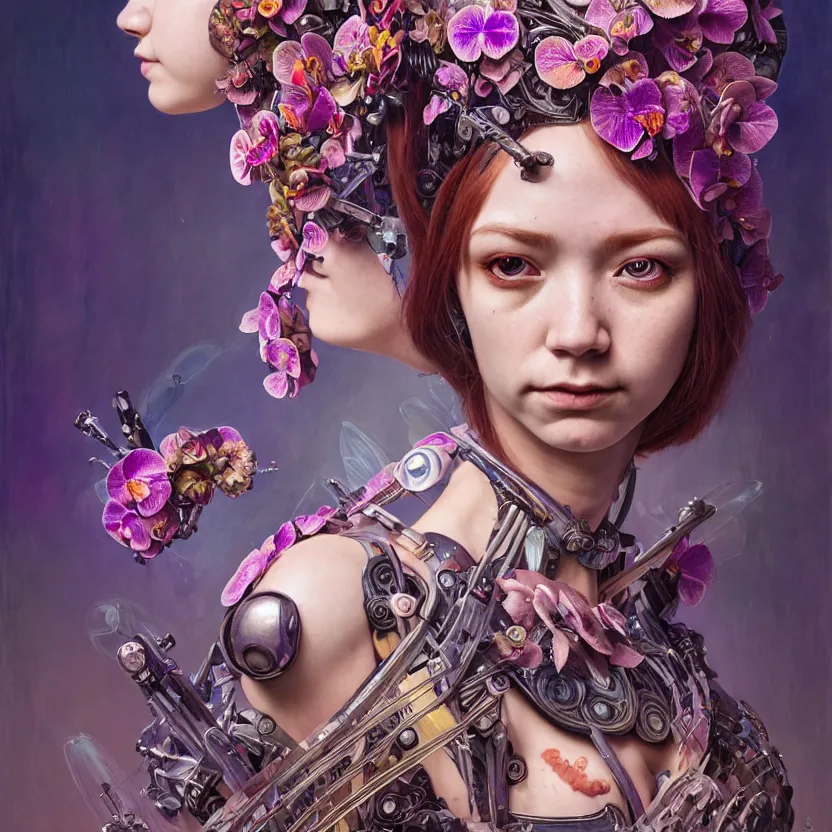 Image similar to alexa demie as a fae cyborg warrior, orchid, portrait face, colorful, kupka, intricate, miles johnston, kuroda seiki, ozabu, godward, painterly, yoshitaka amano, moebius, miles johnston, louise zhang, james jean, mark ryden lowbrow pop surrealism art style, 4 k,