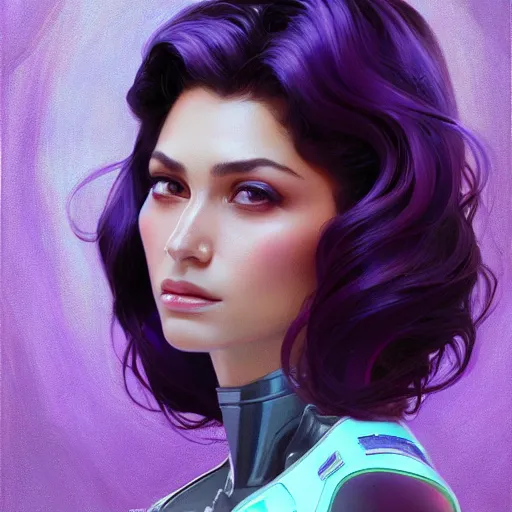 Image similar to Portrait of very very very very very very beautiful Latina woman, spacesuit, purple eyes, intricate, elegant, highly detailed, digital painting, artstation, concept art, smooth, sharp focus, illustration, art by artgerm and greg rutkowski and alphonse mucha