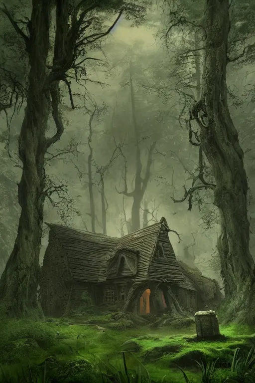 Image similar to the wooden house of a ancient witch in an ancient old forrest, eeire mood, lush vegetation, Dynamic lighting, cinematic, establishing shot, extremely high detail, photo realistic, cinematic lighting, , post processed denoised, concept design, concept art, artstation, matte painting, midjourney, style by alex ross, raphael lacoste, eddie mendoza