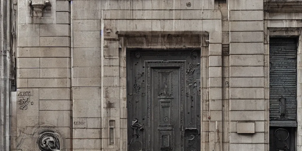 Prompt: street - level wall street block facade. texture. textural. doors. street. art by greg rutkowski and william o'connor