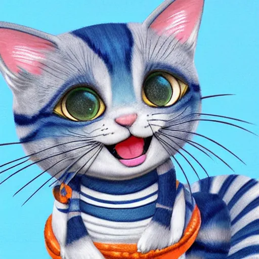 Prompt: cute blue striped cat of cheshire from alice in wonderland. an adorable cat with light blue stripes and a big playful smile. award - winning digital art, trending on artstation