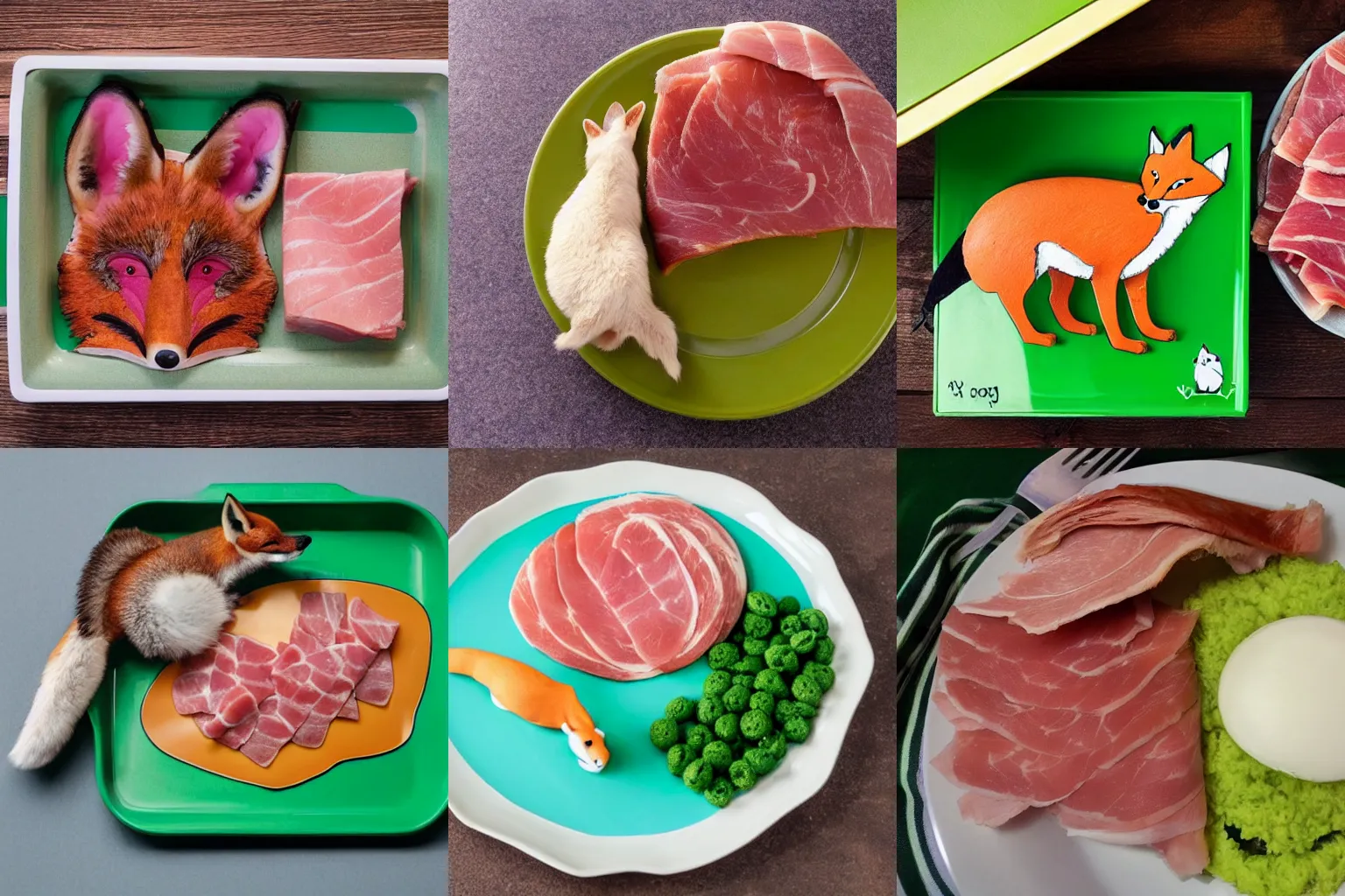 Prompt: a plate of green eggs and ham on a box, with a fox.