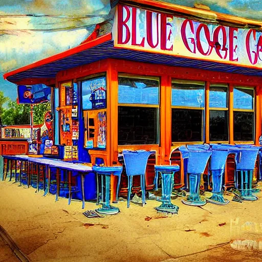 Image similar to the blue goose tavern. a big and famous roadside tavern. delicious fried pudding with sweet liquor is served here. digital art