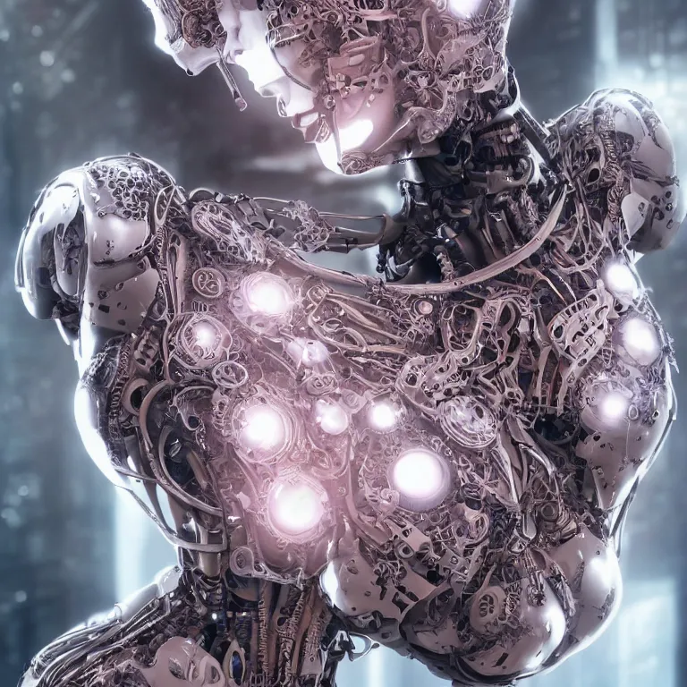 Prompt: an extremely beautiful biomechanical female looking robot with large fractal tattoos, chimeric organism, pale skin, organic polycarbon, full frontal portrait, ex machina, highly detailed, mendelbrot fractal, ray tracing, hyperdetailed, hyperrealistic, oppai cyberpunk, octane render, hdri, 4 k