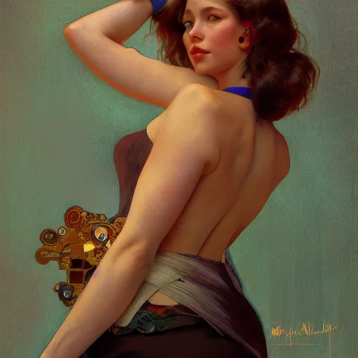 Image similar to modern woman | hyperrealistic | rubenesque | action pose | digital painting | trending on artstation | pinup portrait | clean | illustration | dressed | unreal engine 5 | 8 k resolution | by greg rutkowski alphonse mucha gustav klimt and mel ramos