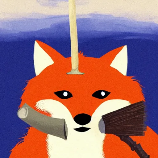 Prompt: a fox holding a sword in its mouth