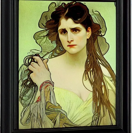 Prompt: pale woman, angry, painted by alphonse mucha