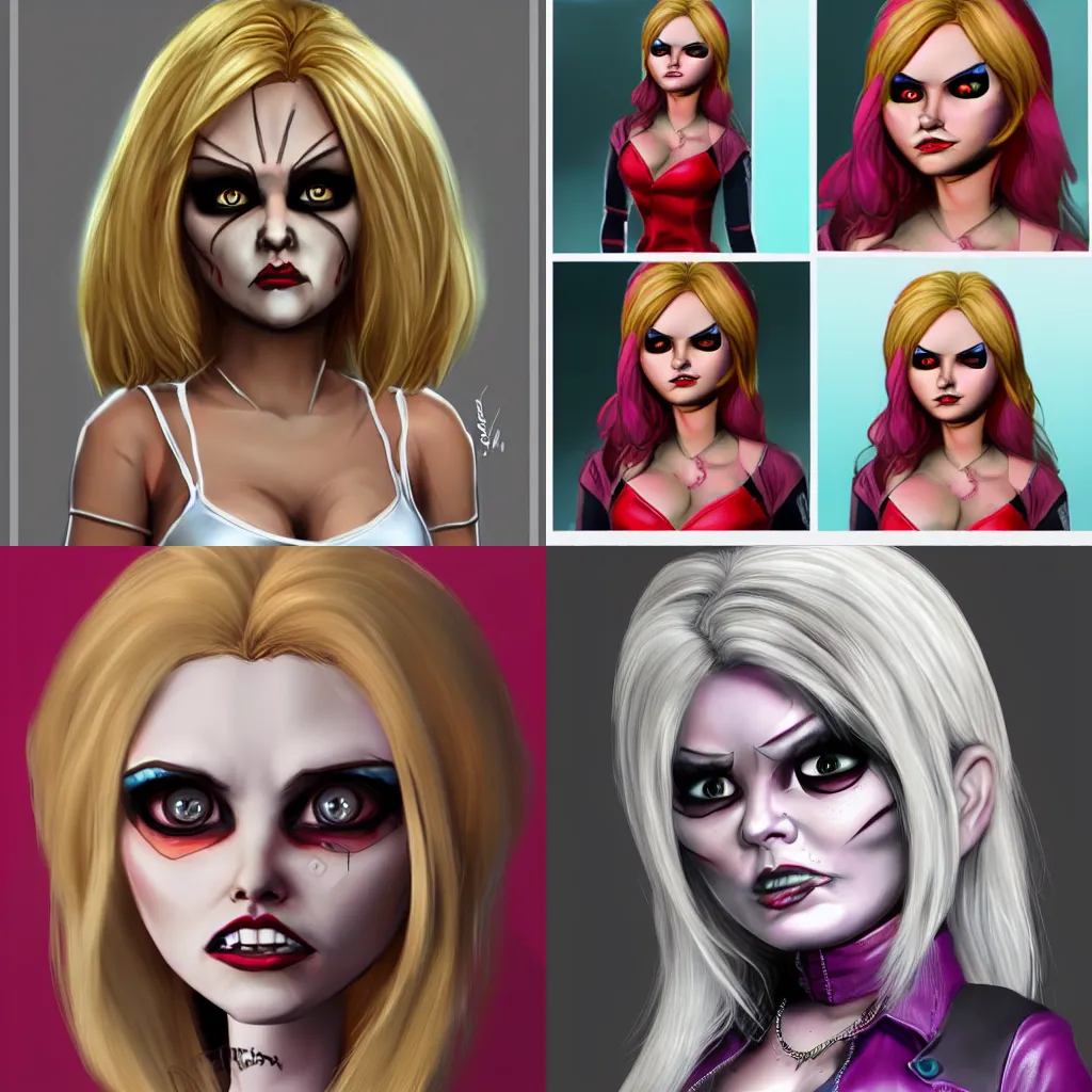 Prompt: Character concept of tiffany *from bride of chucky),nice hair,evil,artstation,highly detailed