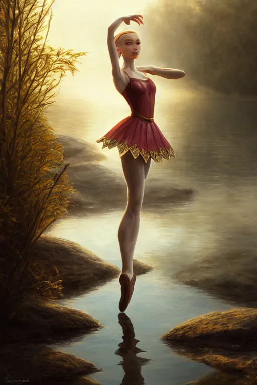 Image similar to elegant elf ballerina standing in lake, highly detailed, d & d, fantasy, highly detailed, digital painting, trending on artstation, concept art, sharp focus, illustration, global illumination, ray tracing, realistic shaded, art by artgerm and greg rutkowski and fuji choko and viktoria gavrilenko and hoang lap