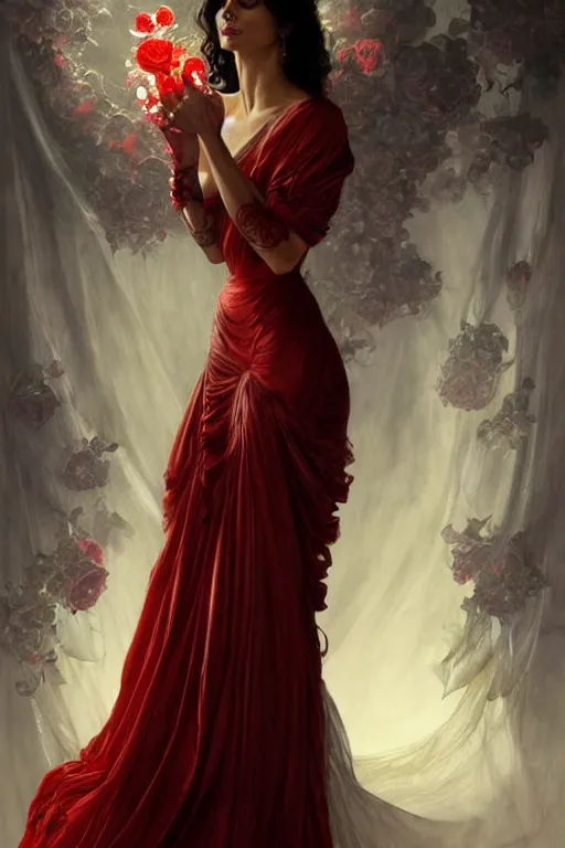 Prompt: Morena Baccarin dressed in a vaporous wrapped large victorian red roses silk semi-transparent dress fashion is running D&D, fantasy, intricate, elegant, highly detailed, digital painting, artstation, concept art, matte, sharp focus, illustration, art by Artgerm and Greg Rutkowski and Alphonse Mucha