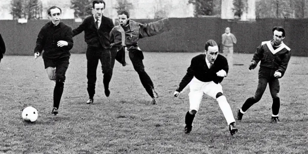 Prompt: marcel duchamp playing footbal with marcel broodthaers