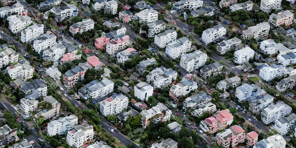 Image similar to isometric view of residential apartments being swept away by a tsunami, drone shot, hyper realistic aerial photography, 8k award-winning image