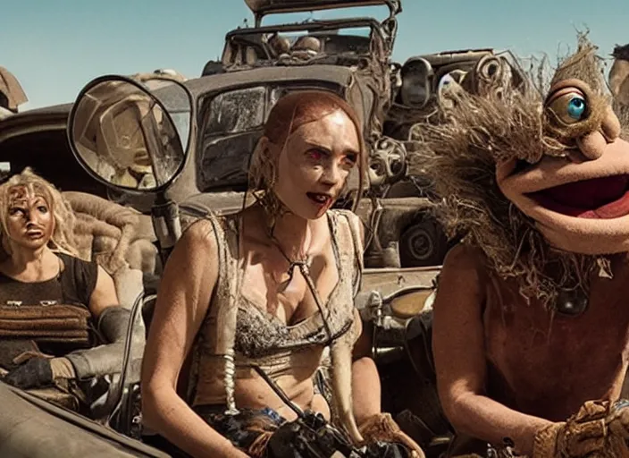 Image similar to scene from the 2015 science fiction film Muppet Mad Max: Fury Road