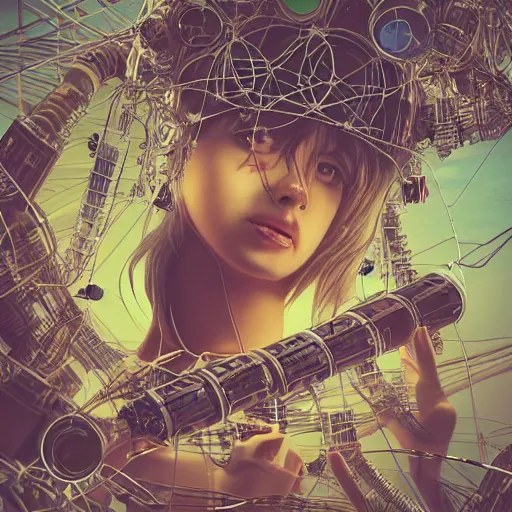 Image similar to space station on the moon, piles of modular synth cables mixed with mangrove roots, kawaii puerto rican goddess staring through your soul wearing a headpiece made of circuit boards, by cameron gray, wlop, stanley kubrick, masamune, hideki anno, jamie hewlett, unique perspective, eastman color, trending on artstation, cinematic, 3 d render, muted neon