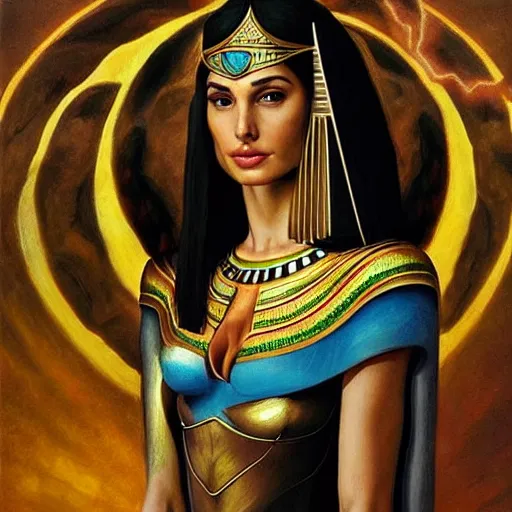 Image similar to Full body oil painting of the beautiful goddess Gal Gadot as Cleopatra, she is wearing egyptian clothes and a surreal ornate, her hair is natural disheveled, she is approaching heaven over the clouds, Anubis is behind her, naturalism, dramatic lighting, high-detailed oil painting by Ilya Repin, Michelangelo da Caravaggio, William Blake, Alex Grey and Beksinski, trending on Artsation, hystorical painting, naturalism, masterpiece, 4k, 8k,