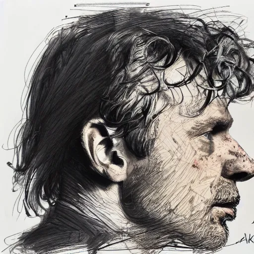 Image similar to a realistic yet scraggly portrait sketch of the side profile of a stern and sophisticated alex kapranos, trending on artstation, intricate details, in the style of frank auerbach, in the style of sergio aragones, in the style of martin ansin, in the style of david aja, in the style of mattias adolfsson