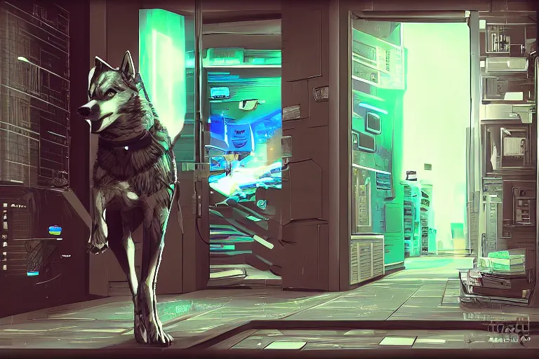 Prompt: A cyberpunk husky kicking down the corp's door, digital art