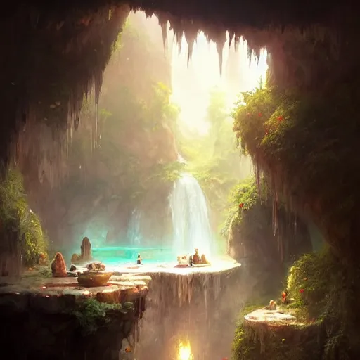 Prompt: cozy, hotspring hidden in a cave, candlelight, towels, cushions, natural light, roses, lush plants and flowers, elegant, smooth cave rock, fantasy, atmospheric lighting, digital painting, Greg Rutkowski concept art