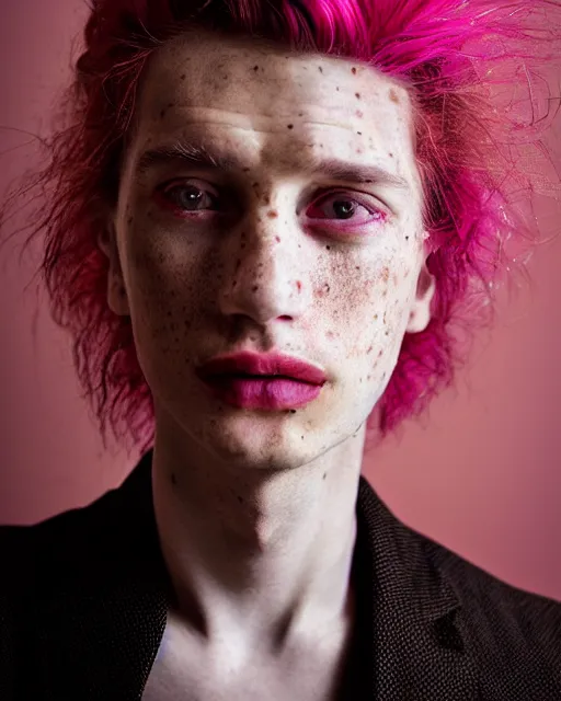 Image similar to !dream Portrait of an androgynous man, close-up, high sharpness, zeiss lens, fashion photo shoot, flowers, pink hair, freckles, Red lipstick, on metal background, Annie Leibovitz and Steve McCurry, David Lazar, Jimmy Nelsson, artistic, hyper-realistic, beautiful face, octane rendering