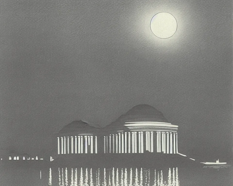 Prompt: beautiful print of the Jefferson Memorial bathed in moonlight by Hasui Kawase and Lyonel Feininger.