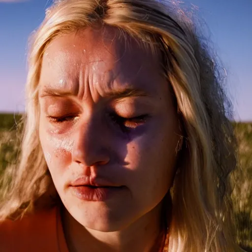 Image similar to Midsommar cult portrait of woman with blond hair crying under harsh sunlight cinematic lighting film still