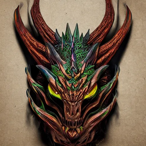 Image similar to a portrait of a dragon made of wood, detailed, fantasy, scary, realistic, frightening, ornate, horns, spikes, fluorescent colors