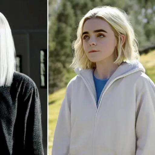 Prompt: kiernan shipka as sabrina spellman with white hair with walter white, still from breaking bad