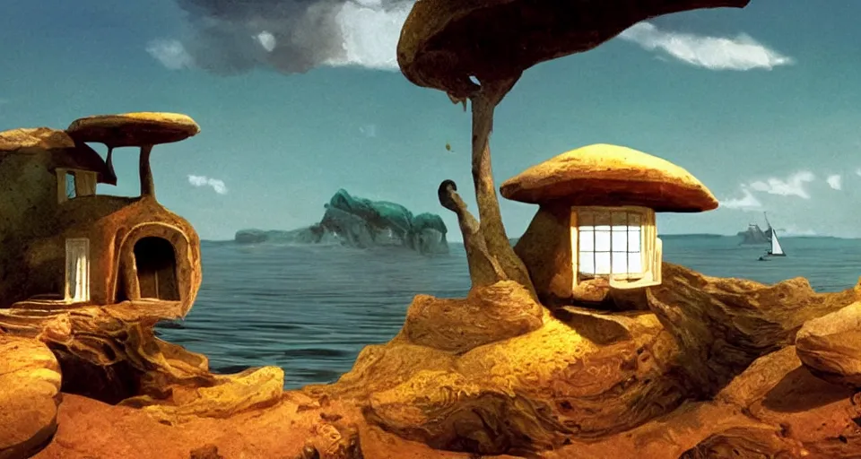 Image similar to environment art, tiny seashell house where a hermit girl lives, atmospheric cinematography by syd mead and emmanuel lubezki