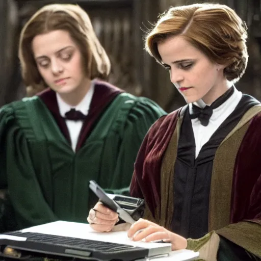 Image similar to Photo of Emma Watson using a computer next to Professor McGonagall in Hogwarts