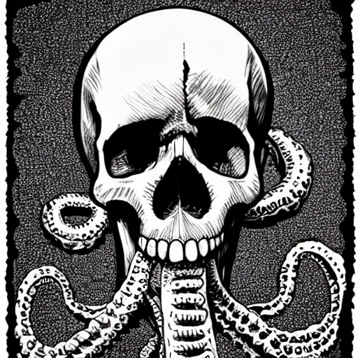 Image similar to skull of a pirate with tentacles protruding out of it's eye socket at the bottom of the ocean photo realistic