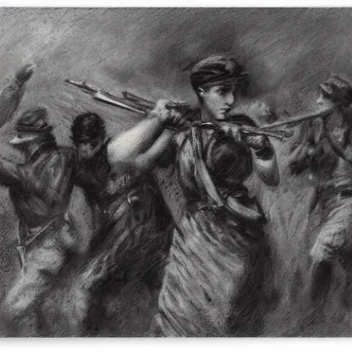 Image similar to ww 1 action heroine, by alfred stevens in charcoal