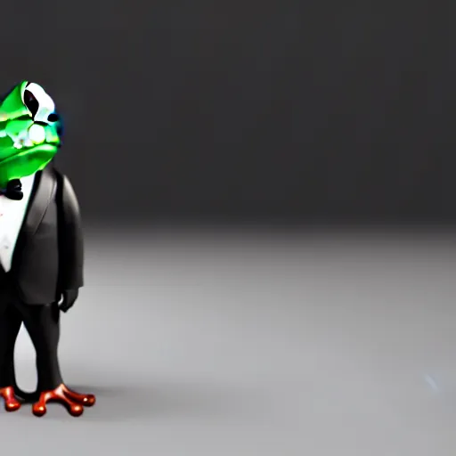 Prompt: a frog in a tuxedo suit holding a suitcase, hyperrealistic, octane render, 3D