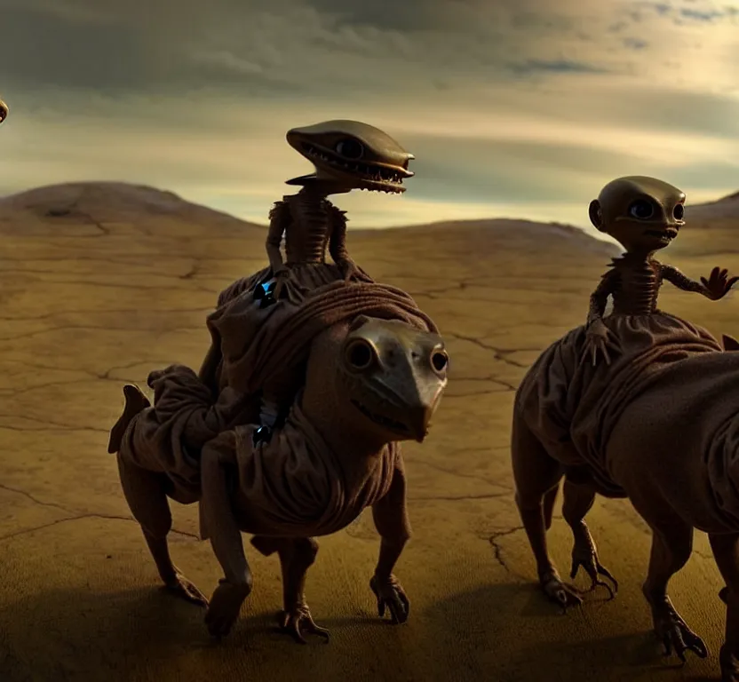 Image similar to sharp, highly detailed, film from a 2 0 1 9 sci fi 8 k movie, set in 1 8 6 0, a human family riding on the back of small cute alien creatures, across an alien landscape, wearing 1 8 6 0 s clothes, atmospheric lighting, in focus, reflective eyes, 3 5 mm macro lens, live action, nice composition