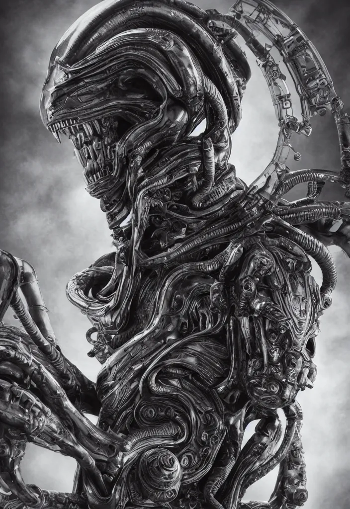 Image similar to engineer prometheus, xenomorph alien, highly detailed, symmetrical long head, smooth marble surfaces, detailed ink illustration, raiden metal gear, cinematic smooth stone, deep aesthetic, concept art, post process, 4k, carved marble texture and silk cloth, latex skin, highly ornate intricate details, prometheus, evil, moody lighting, hr geiger, hayao miyazaki, indsutrial Steampunk