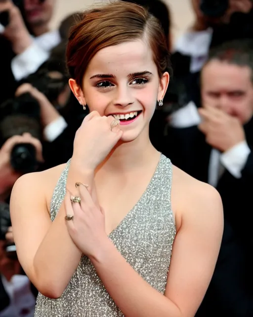 Prompt: A photo of laugh emma watson. she has wedding ring on his fingers. 50 mm. perfect ring. award winning photography