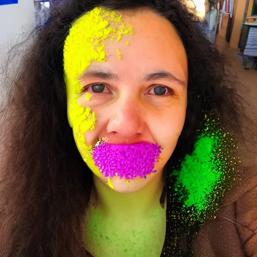 Image similar to a woman with different colour slimes and golden sprinkles on face.