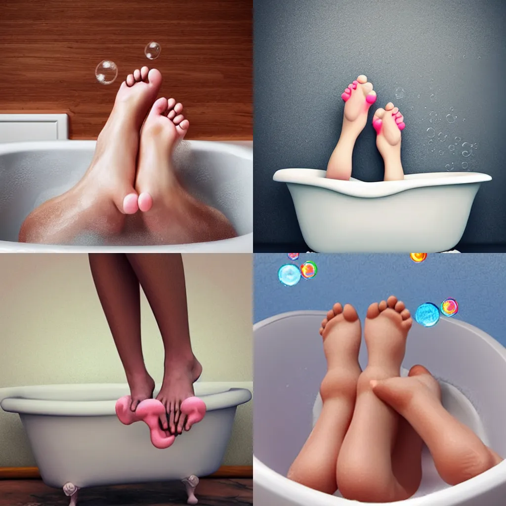 Prompt: Cute feet sticking out of a bathtub, realistic, bubbles