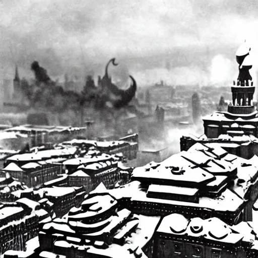 Prompt: Dragon invasion of Moscow, Russia, 1940