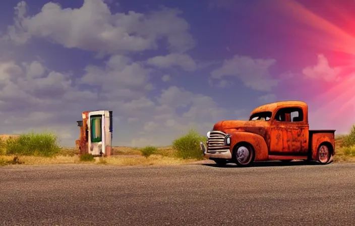 Image similar to A beautiful colorful evening scene of route66, old road with abandoned gas station and rusty old pickup truck, hyper realistic, blinding backlight evening sun, sparkling sun rays, epic scene, intense setting, evening vibe