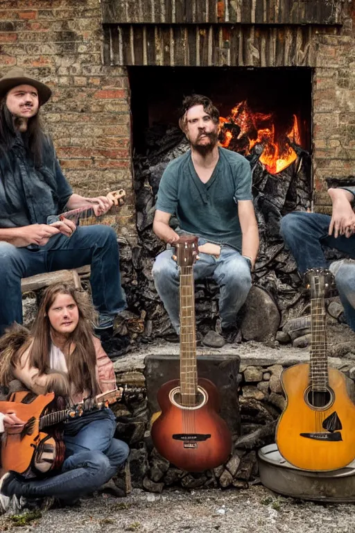 Prompt: Four stalkers sit with guitars by the fire near an abandoned brick house