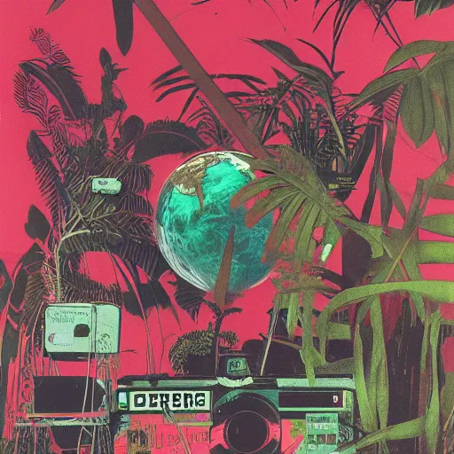 Prompt: 1980 xerox fanzine cutout collage, ancient greek, morning hour on Jupiter, punk party, tropical plants, painted part by Kilian Eng, part by robert doisneau, part by zdzisław beksiński, composition by aleksi briclot, VHS quality