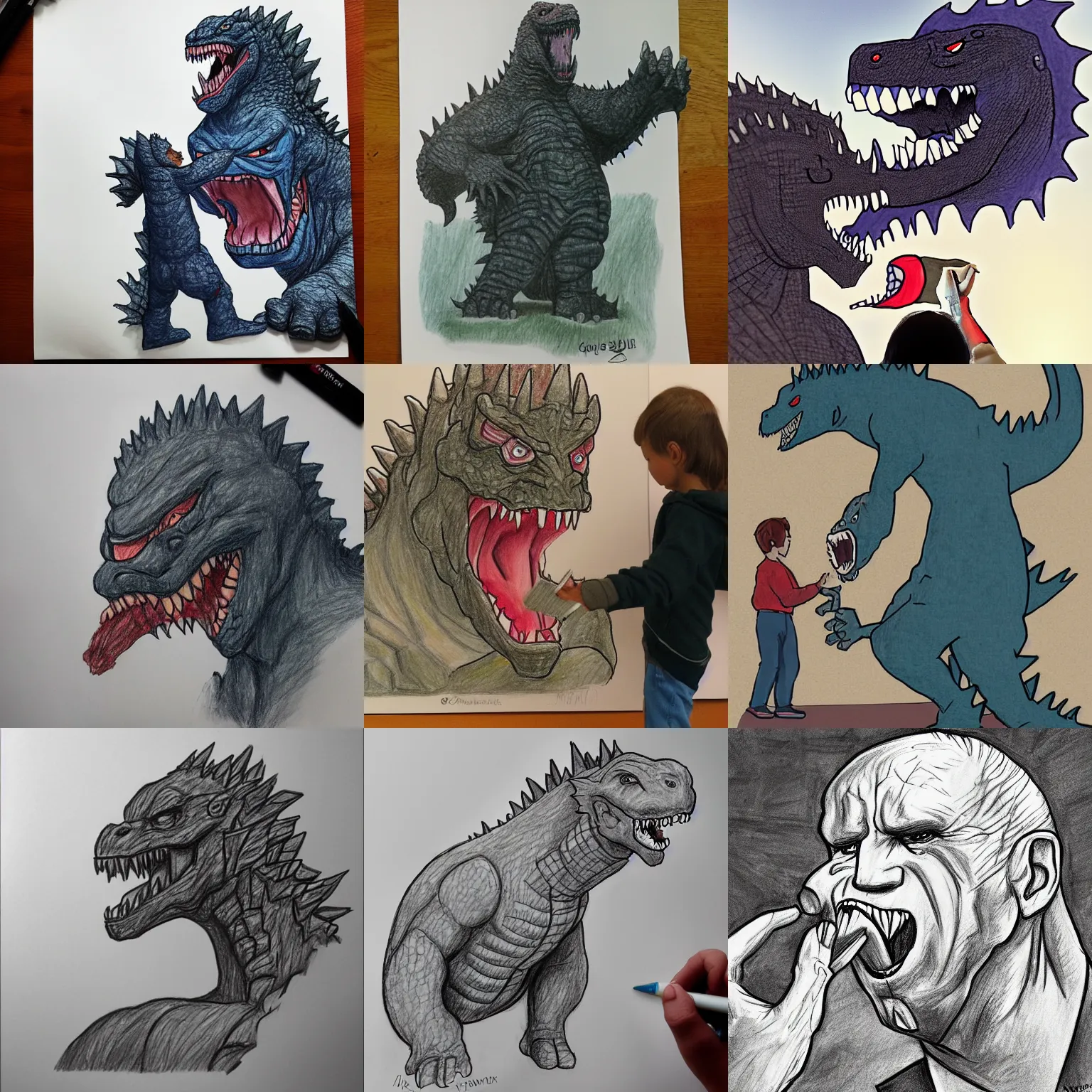 Prompt: child's drawing of portrait of Godzilla eating Joe biden, trending on artstation