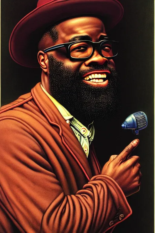 Image similar to portrait of black thought from the roots by gil elvgren and norman rockwell and rob gonsalves and hajime sorayama, hyperrealistic, high detail, ultra detailed, highly detailed face, ruffled fabric