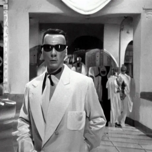 Image similar to Live Action Still of Jerma985 in Casablanca (film), real life, hyperrealistic, ultra realistic, realistic, highly detailed, epic, HD quality, 8k resolution, body and headshot, film still