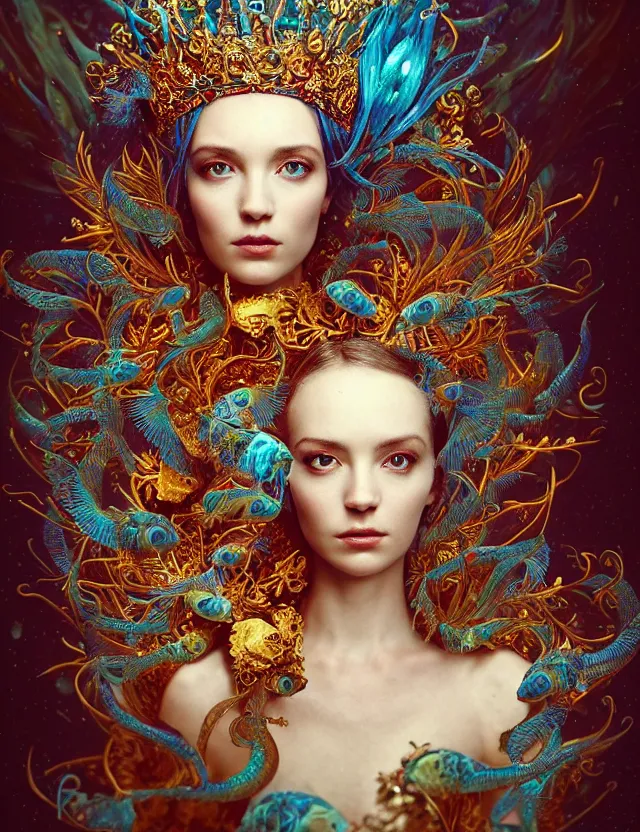 Image similar to blurred background. close-up portrait of a goddess in crown made of skulls. betta fish, phoenix, bioluminiscent creature, super intricate ornaments, by Anne Bachelier by Anka Zhuravleva, Anato Finnstark and Alena Aenami, Bruno Walpoth. unreal engine