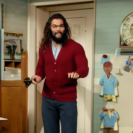 Prompt: a still image of jason momoa as mr. rogers