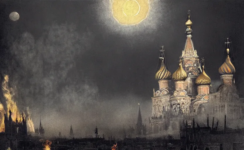 Prompt: a picture in high contrast by vasily vereshchagin of burning!!! st. basil's cathedral ( in smoke ) and ashes by the village, full moon in clouds!, visual art, 8 k resolution, 3 d modelling, hard lighting, masterpiece, vray