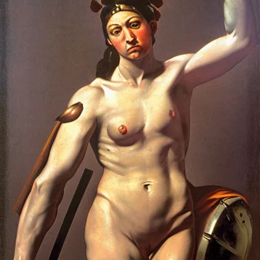 Image similar to full body painting of a muscular female greek warrior, by caravaggio